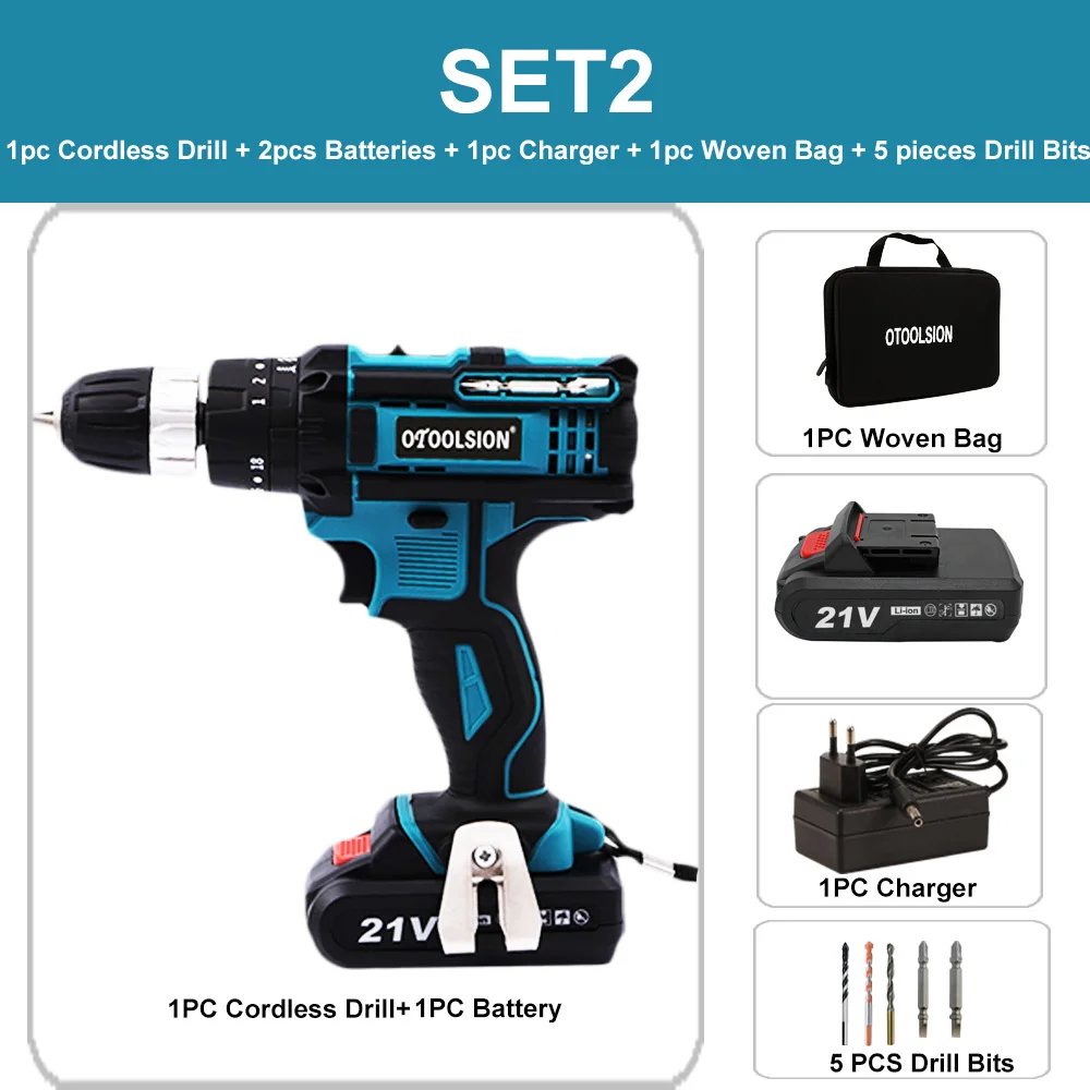 SET2 (2 pc battery) 21 в 1500 мАч Ударная дрель шуруповерт беспроводной шуруповерт беспроводные инструменты молотковая дрель электрическая батарея ударная отвертка+ Биты - Цвет: SET2 (2 pc battery)