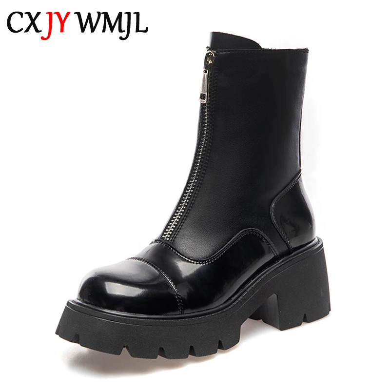 

Genuine Leather Autumn Martin Boots For Women Thick Bottom Front Zipper Fashion Booties British Style Platform Ladies Shoes