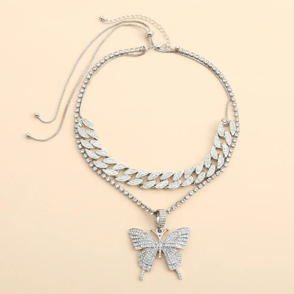 

2020 Iced Out ins Luxury Bling Pink Crystal Butterfly Pendant Layered Necklace Women Hip Hop Cuban Chain Choker Necklace Jewelry