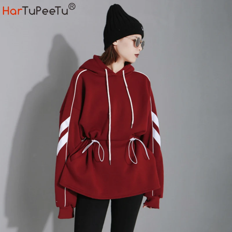 2020 Autumn Women Winter Fleece Hoodies Oversized Hooded Sweatshirt Drawstring Design Pockets Lace-up Irregular Colour Block