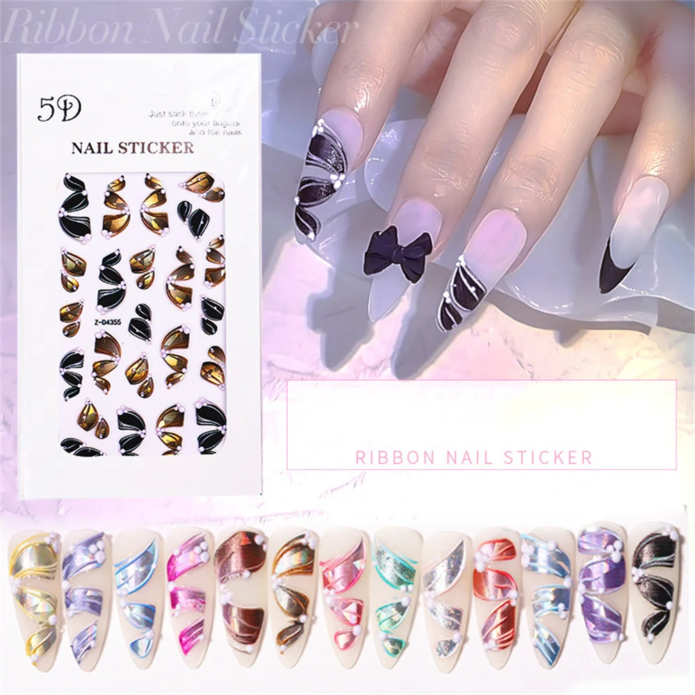 

5d Embossed Three-dimensional Ribbon Nail Stickers Nail Decals Diy Laser Multicolor Nail Embossed Sticker Nail Art Decorations