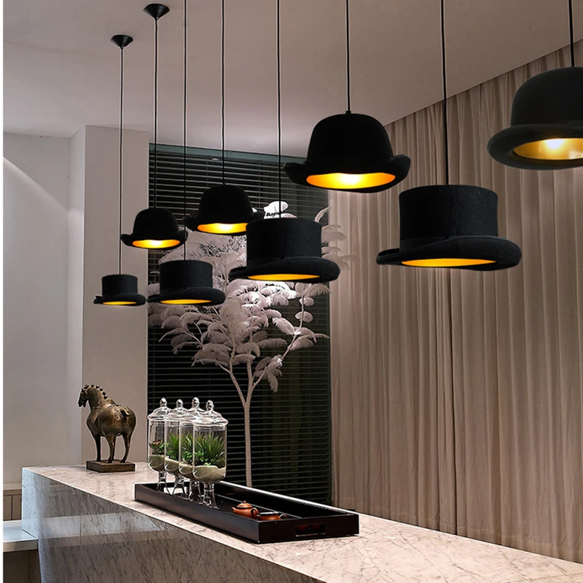 

1 Modern Black LED E27 Pendant Lights Bowler Tall Hat Pendant Lamps Lighting Magician Fabric LED Bulbs Cord Pendant Metal Iron