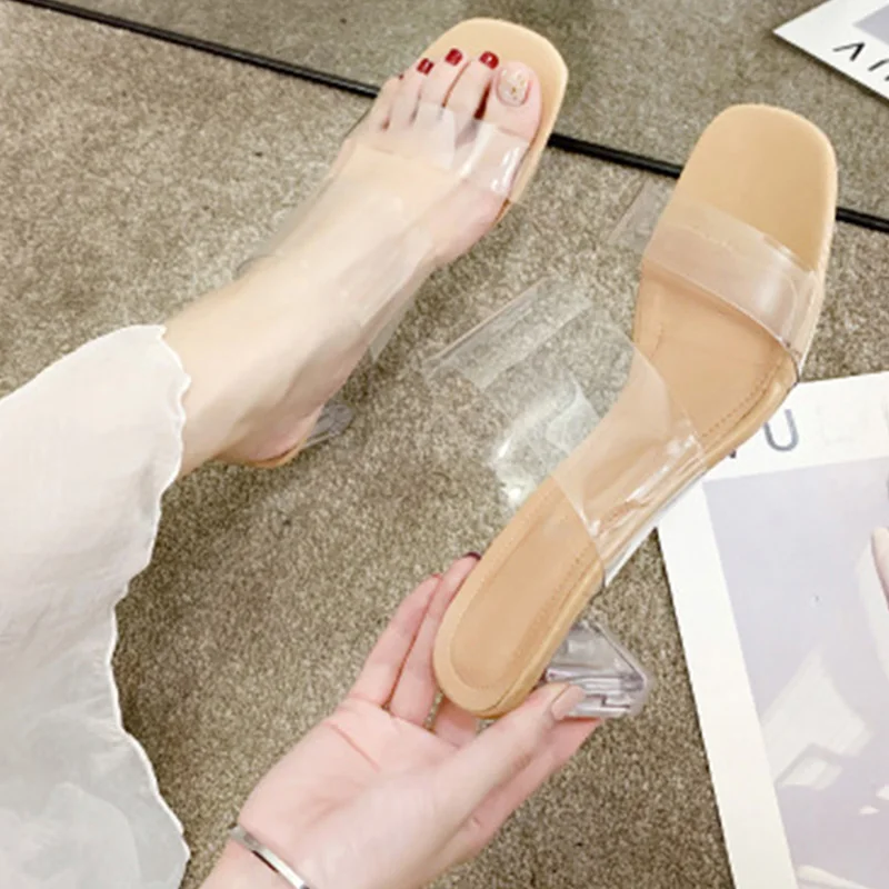 Сандалии женские прозрачные на высоком каблуке босоножки с квадратным носком