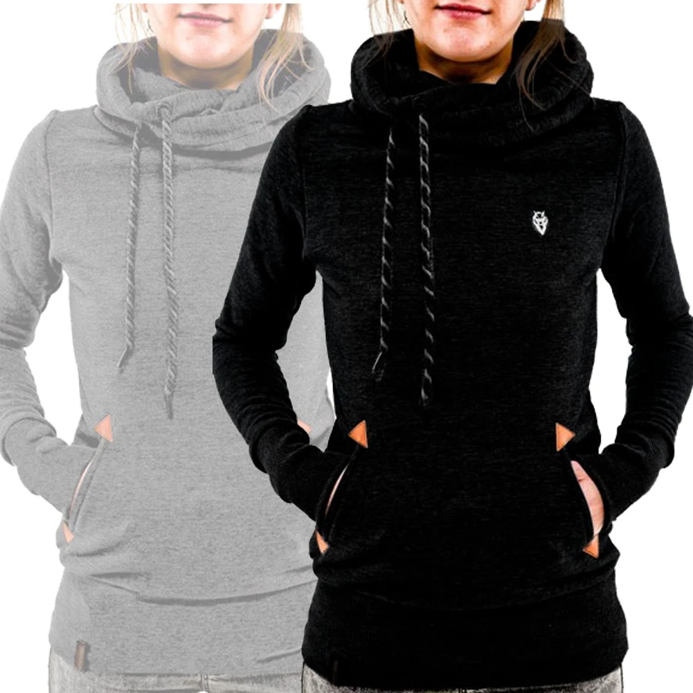 

Women Sweater, Solid Color Hoodie with Straps Long Sleeve Turtleneck, Front Big Pocket Slim-fit Pullover Wild Fashion Top