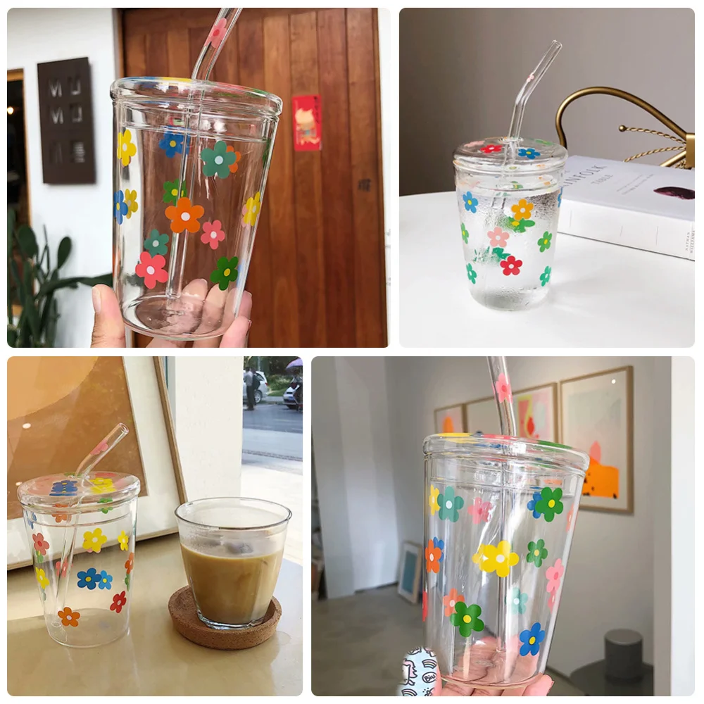 

1pc Mike Cups Glass Cups Drinking Cup Beverage Cup Flower Patter Water Cup