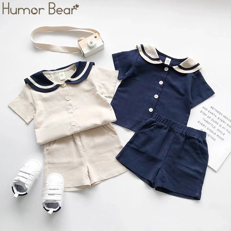 

Humor Bear Japanese And Korean Navy Style Kids Sailor Collar Cotton Linen T-shirt+Pants 2Pcs Summer Clothes Sets Boys Girls suit