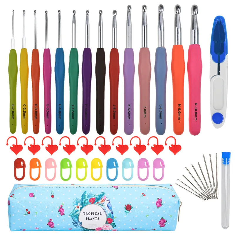 

14 Sizes Crochet Hooks Set Ergonomic Crochet Hooks with Case for Arthritic Hands Extra Long Crochet Needles Hair Styling Tools