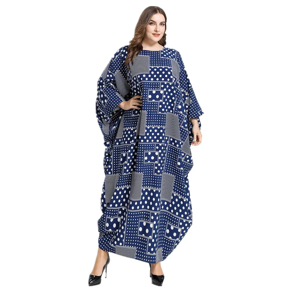 

Mc9399# Large Dress Blue Print Sleeve Long Sleeve Casual Muslim Arab Dress