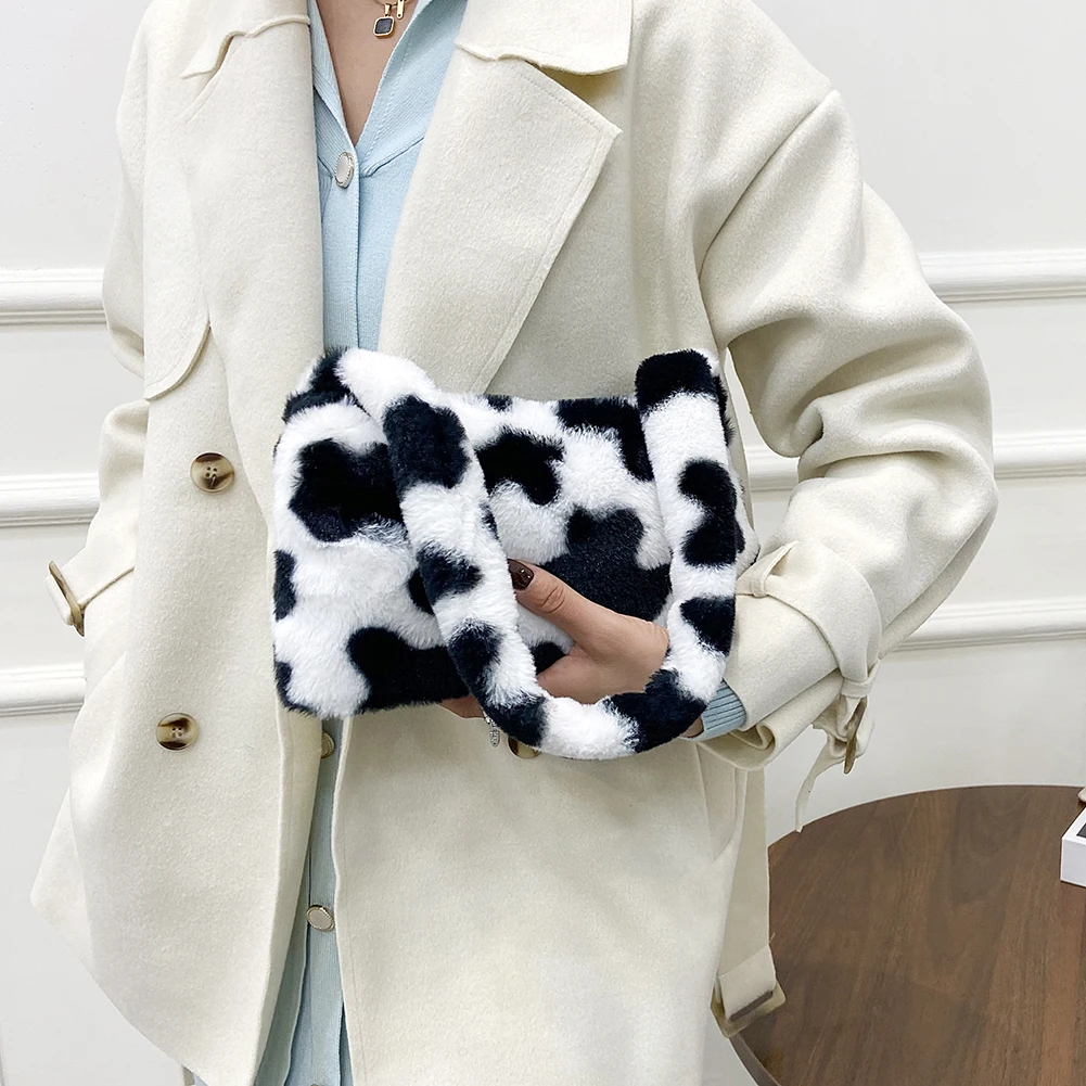 Модные женские мини-сумки на плечо с коровьим принтом зимние плюшевые сумки