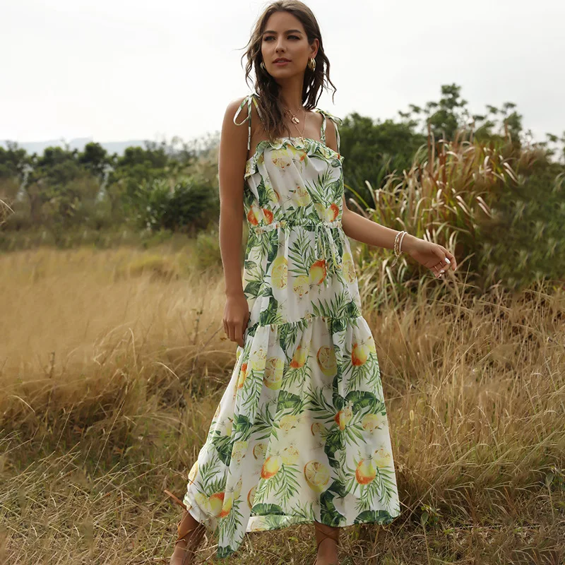 

Женское летнее платье на бретелях-спагетти, с принтом, без бретелек, с высокой талией, до середины икры, без рукавов, 2021