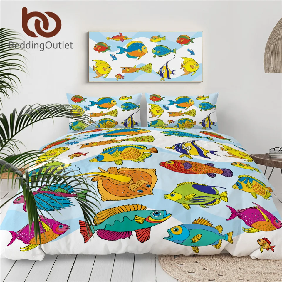 BeddingOutlet Комплект постельного белья с красочными рыбками, пододеяльник с рисунком из мультфильма "Морская жизнь", пододеяльник для детей, покрывало, набор постельного белья из 3 предметов "Королева океана"