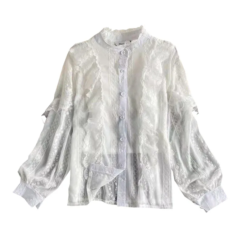 

Spring Autumn New Temperament Lace Shirt Women's Long Sleeve Loose Ruffle Top Lantern Sleeve White Shirt UK521