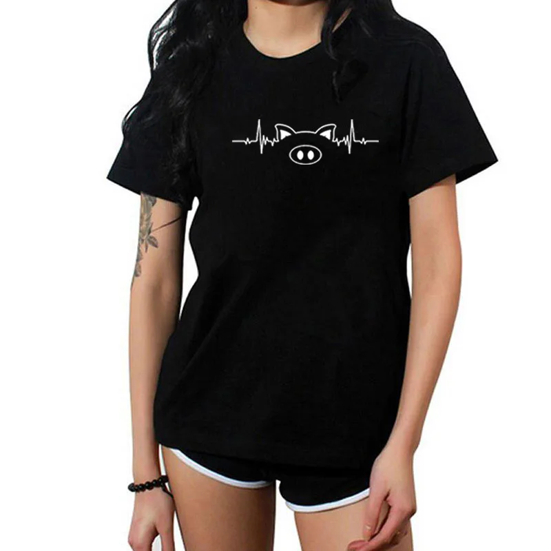 

Футболка женская с принтом сердечного ритма, свободная хлопковая рубашка с коротким рукавом, с круглым вырезом, черный белый цвет, на лето