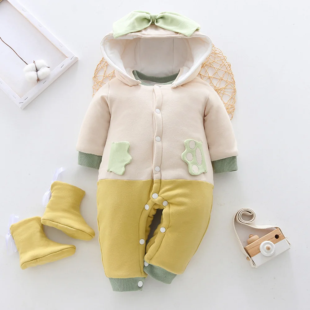 

Комбинезон для новорожденных девочек и мальчиков, теплый зимний комбинезон с капюшоном и мультяшным рисунком