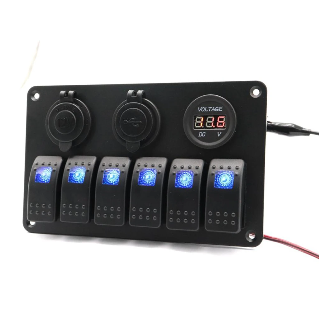 

6 Gang Blue LED Rocker Switch Voltmeter Dual USB Cigarette Lighter Panel