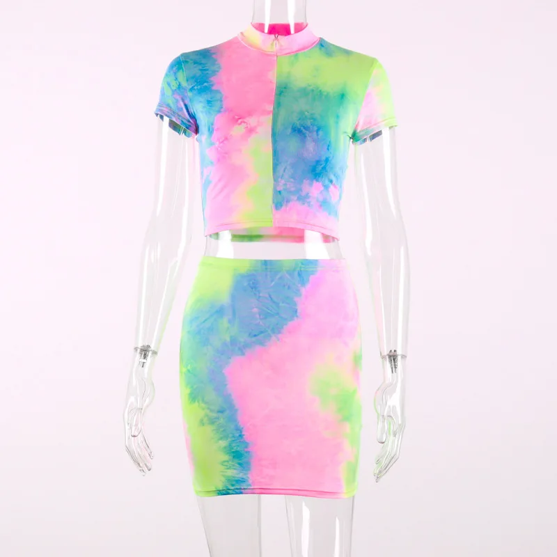 

Tie Dye Print Sexy Two Piece Outfits for Women Summer Short Sleeve Crop Top and Shorts/skirt Sweat Suit 2 Piece Set Matching Set