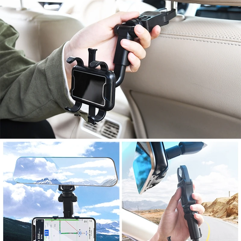 

Multifunctional Rearview Mirror Phone Holder 360° Rearview Mirror Phone Mount Universal Rotating Car Phone Stand for Car