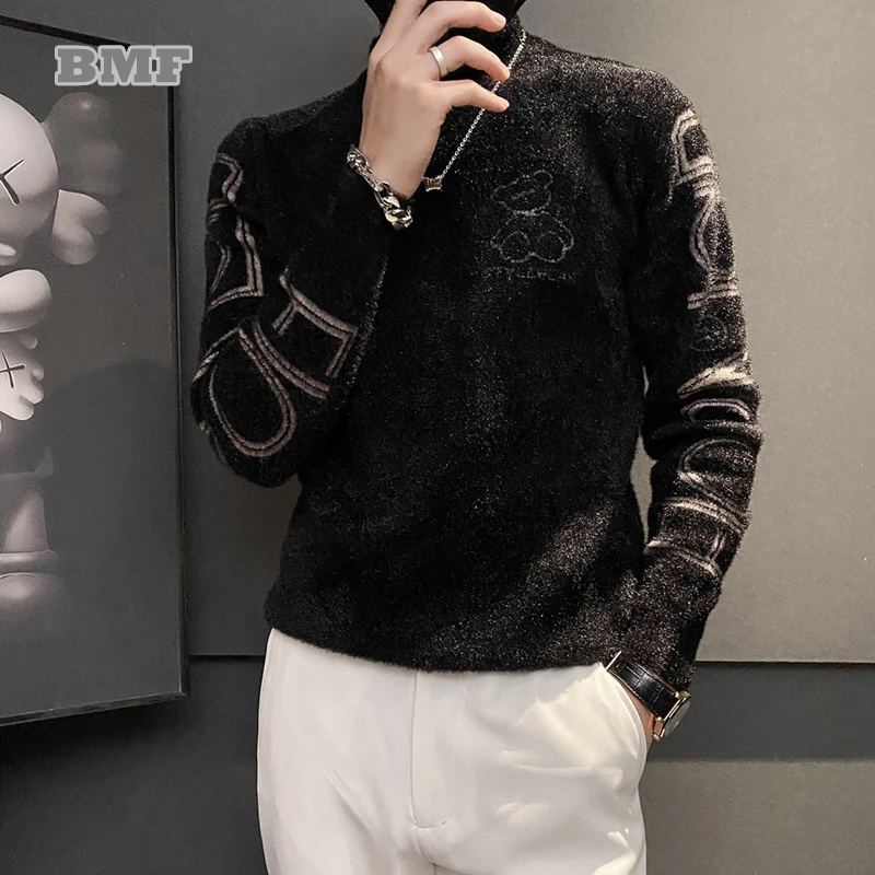 

Зимний Корейский тонкий вязаный свитер с воротником «хомут», Модный пуловер с рисунком медведя, Мужская одежда, повседневные пальто в стиле...