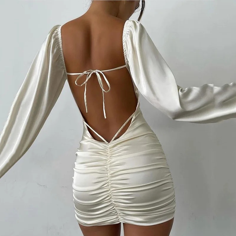 

SKMY Winter New Style Square Neck Low-Cut Short Dresses Sexy Open Back Lantern Sleeve Bandage Lace-Up Bodycon Mini Dress