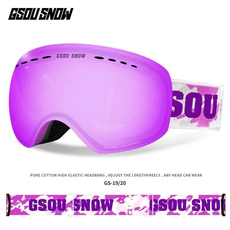 Gsou снег лыжные очки для мужчин и женщин супер сферические двухслойные противотуманные очки - Цвет: Фиолетовый