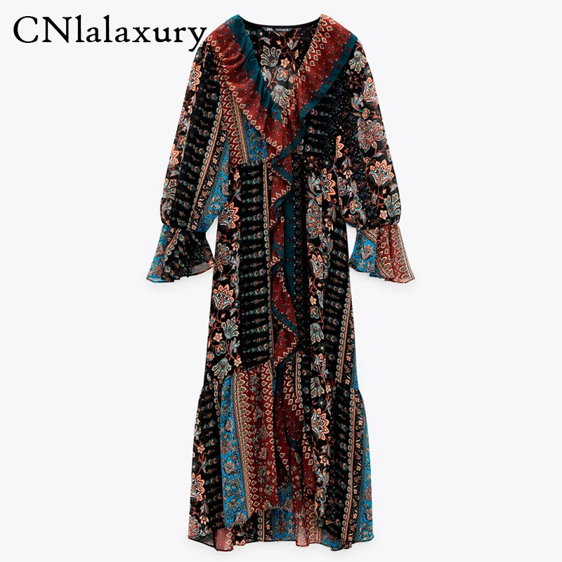 Винтажное платье с v образным вырезом женское модное лоскутное принтом