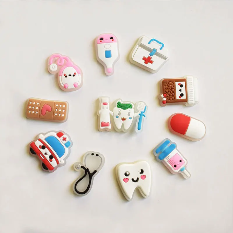 

10 Kinds of PVC Flatback Glowing In The Dark Medical Set Cute Stethoscope Syringe Transparent Bottom DIY Accessories Patches