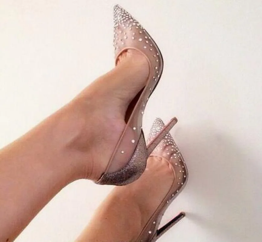 

2020 Summer Classic Womens Unique Fashion Shoes Red High Heel Breathable Mesh Pointy Rhinestone