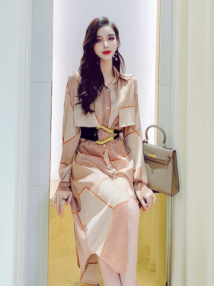 Robe rétro à manches longues pour femme, vêtement à motif géométrique, taille haute, tenue de bureau, nouvelle collection automne 2020