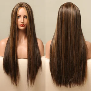 ALAN EATON Long Straight Synthetic Wig for Black Women Middle Part Dark Brown Honey Copper Highlight Wigs Daily Heat Resistant ALAN EATON Long Straight Synthetic Wig for Black Women Middle Part Dark Brown Honey Copper Highlight Wigs Daily Heat Resistant