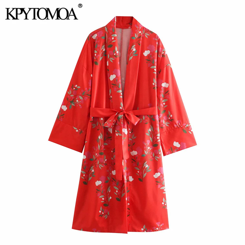 

KPYTOMOA Women 2021 Fashion With Belt Floral Print Kimono Dress Vintage Vintage Lapel Collar Long Sleeve Female Dresses Mujer