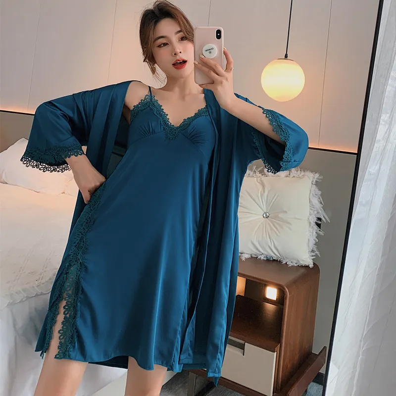 

Spring Summer Women Twinset Robe Set Sexy Casual Kimono Bathrobe Gown Sleepwear Lace Trim Knee-Length Home Dress Satin Nightwear