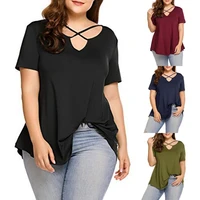 women casual solid color hollow cross v neck t shirt plus size ladies short sleeve loose tops