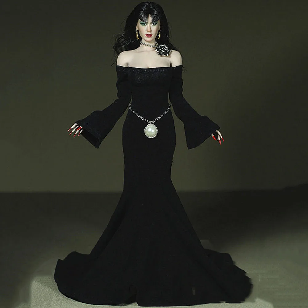 

1/6 Sexy Woman Figure Clothes Accessory One Shoulder Double-sleeved Floor-length Dress Black Rose Evening for 12'' Largest Body