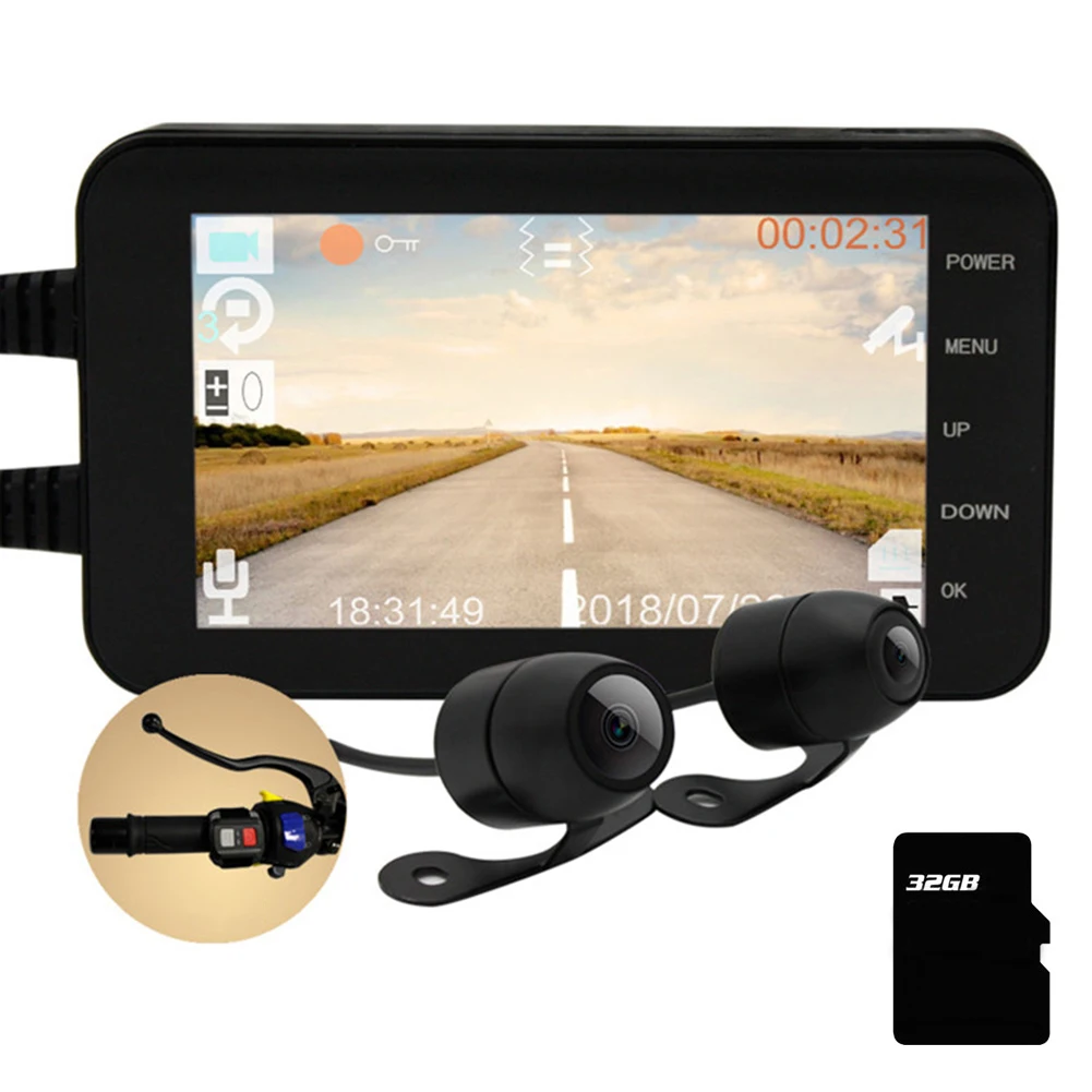 Видеорегистратор для езды на мотоцикле Wi Fi с 32 Гб картой фронтальная и задняя