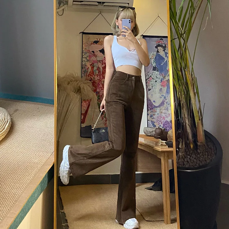 High waist skinny and micro jeans women's Retro loose leg pants new big brown flare pants in spring 2021