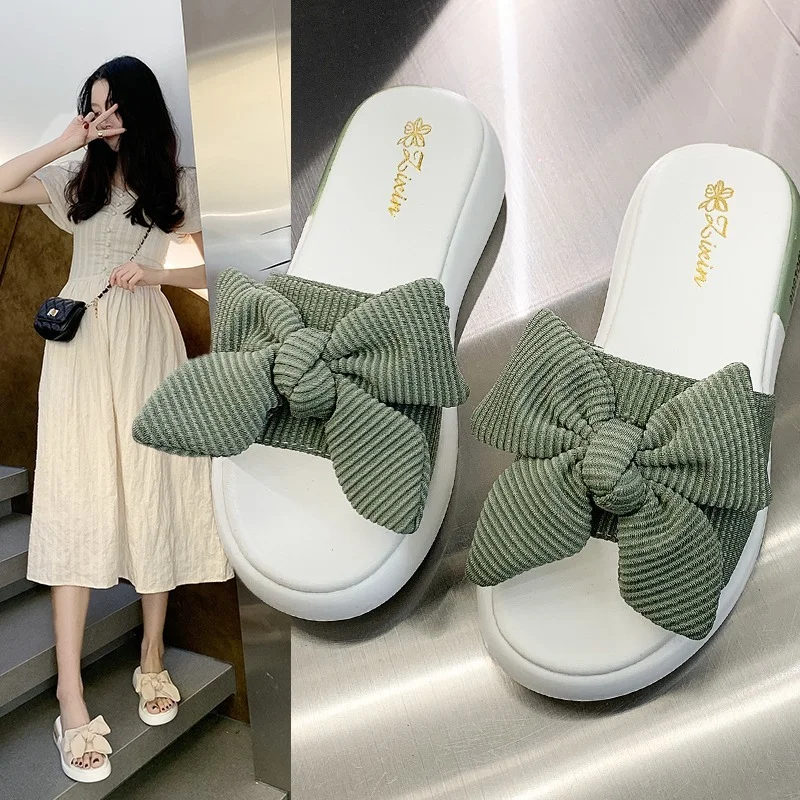 

2021 Woman Shoes The New Round Head Comfortable Fashion Summer Butterfly-Knot Med Flat Shoes Female Slippers Platform Shoes