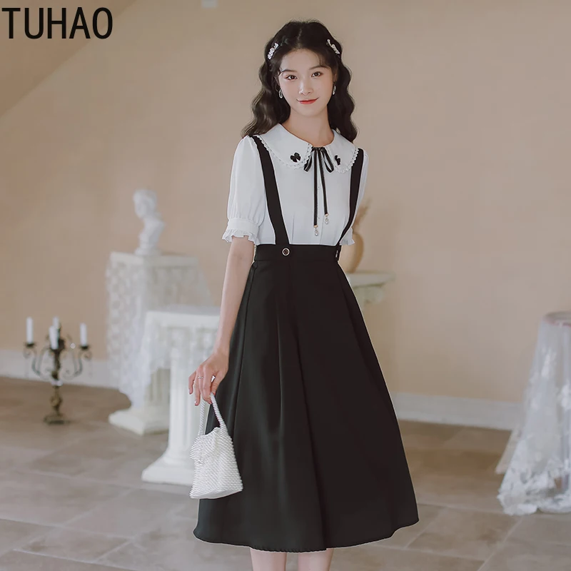 

TUHAO 2021 Summer Chiffon White Shirt Top + Skirt Women's Bow Tie Wide Loose Leg Pants Fashion Suit Women Clothing Office Lady