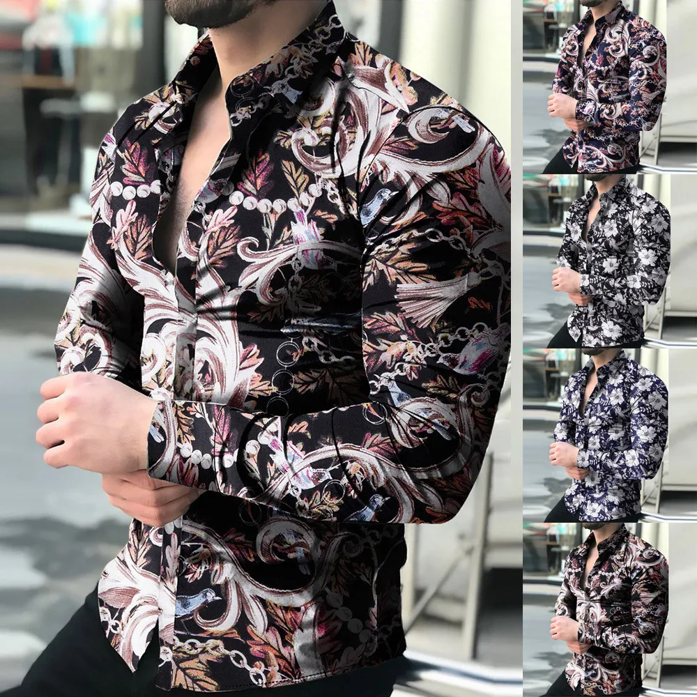 

2021 NEW Mens Casual National Style Printed Shirt Slim Fit Formal Shirts Lapel Fashion Long Sleeve Button Down Tops