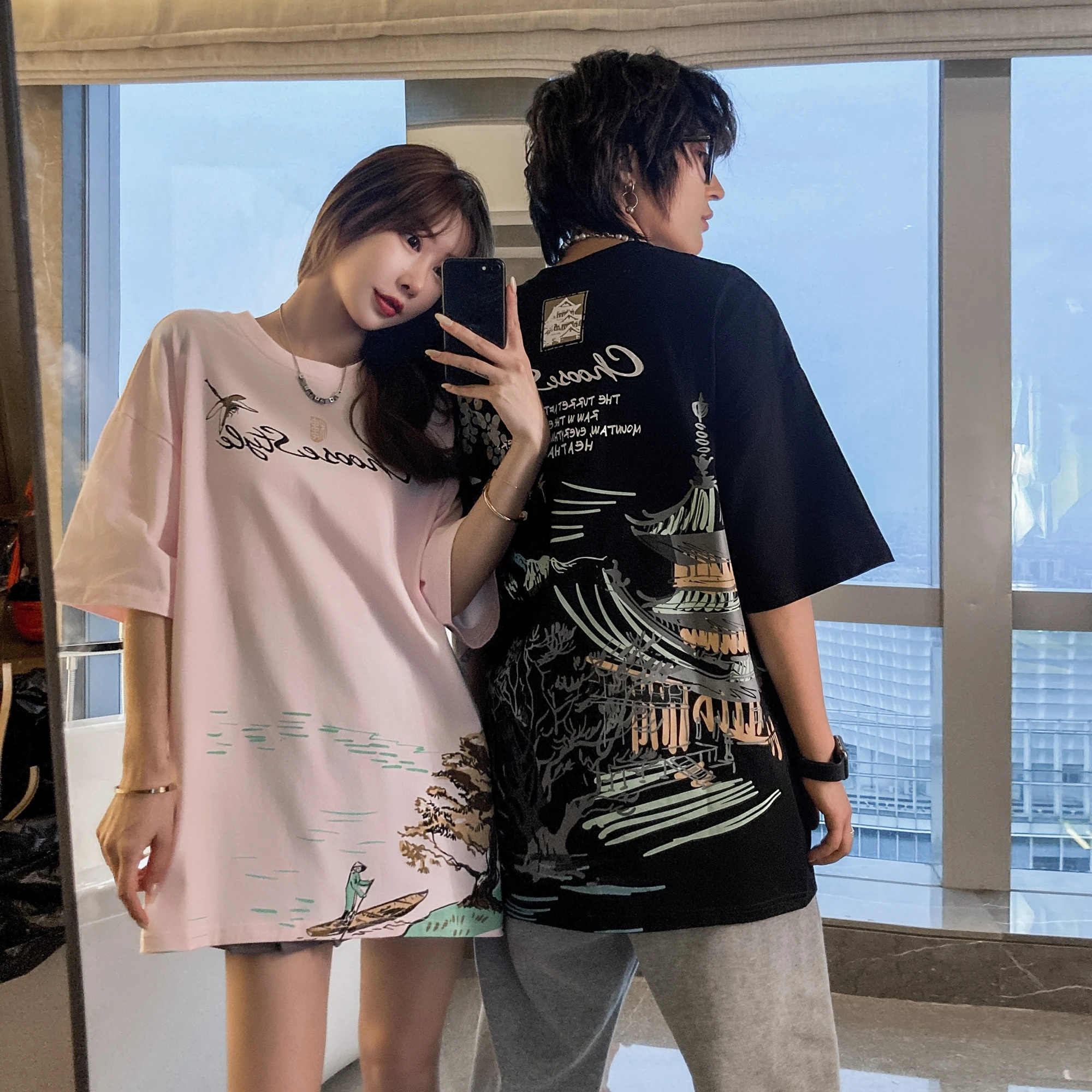 Harajuku T-shirt Hip Hop Streetwear Oversize Japanese Style Men's Tshirt Cotton Round Neck Couple Short Sleeve Tops 2021 Summer