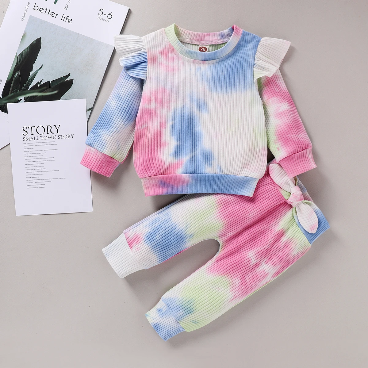 

pudcoco 2Pcs Baby Girl Fall Outfits Tie Dye Print Long Sleeve Ruffle T-Shirt + Bowknot Pants Set Cozy Soft Clothes Suit 0-4Y