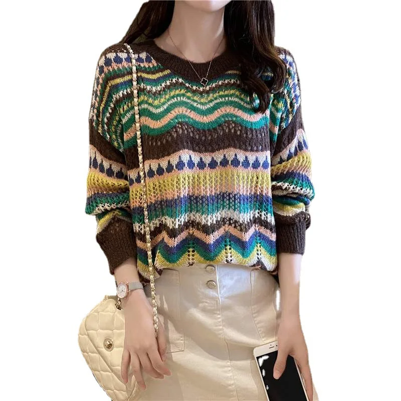 

2021 spring new mini fresh stripe contrast hollow thin sweater for women-25