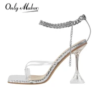 onlymaker flip flops women metal chain patent sliver high heel square open toe stilettos ankle strap buckle transparent bottom