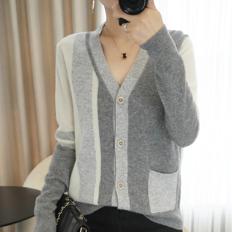 

Осень 2021, Новый кашемировый кардиган, женский свободный свитер с V-образным вырезом и блокировкой цвета, Базовая Трикотажная куртка из 100% чи...