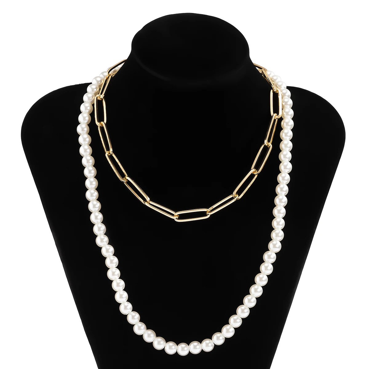 

2Pcs/Set Vintage Imitation Pearl Link Chain Choker Necklace Exaggerated Goth Large Long Paperclip Chain Necklace Women Jewelry