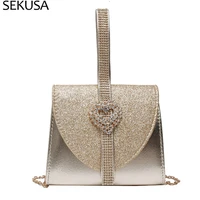 heart diamonds women evening bags golden sequined pu lady handbags rhinestones handle shoulder day clutch