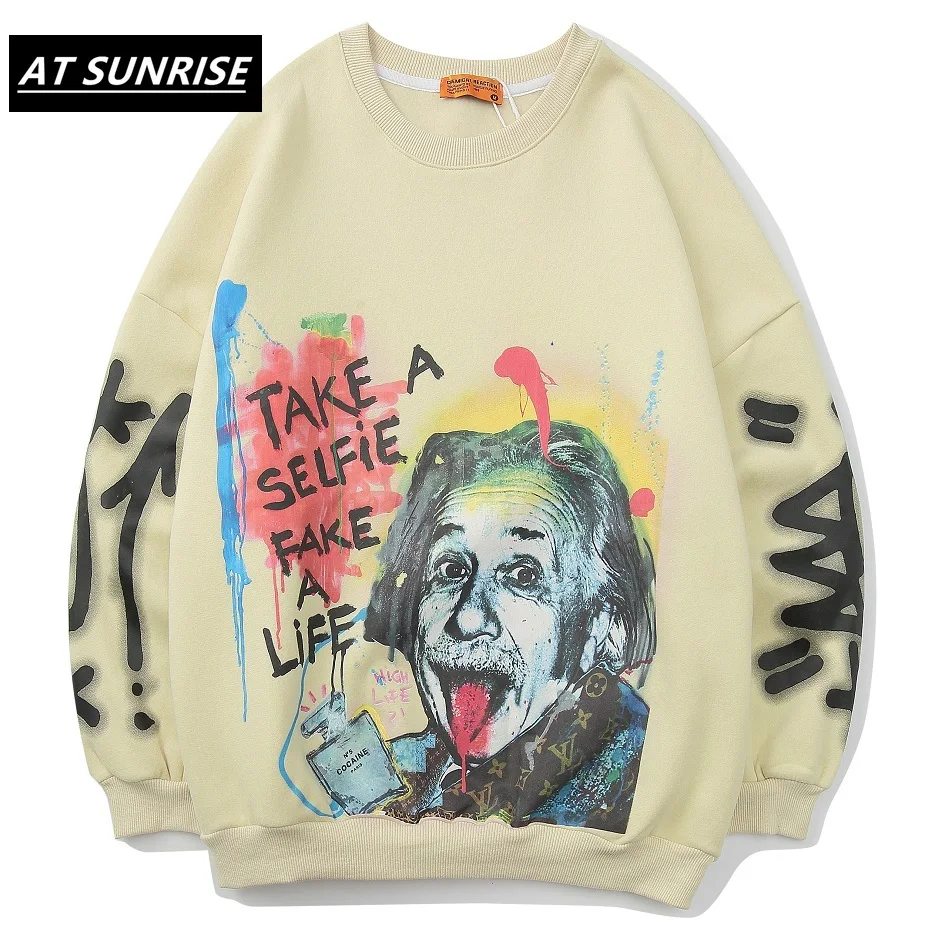 Эйнштейна граффити печати толстовки мужские 2019 Осень Хип Хоп Повседневный