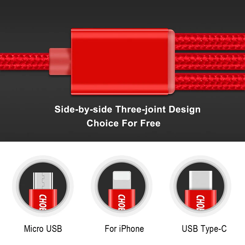 CHOETECH 3 в 1 USB кабель для мобильного телефона Micro usb type C зарядный iPhone usb-шнур |
