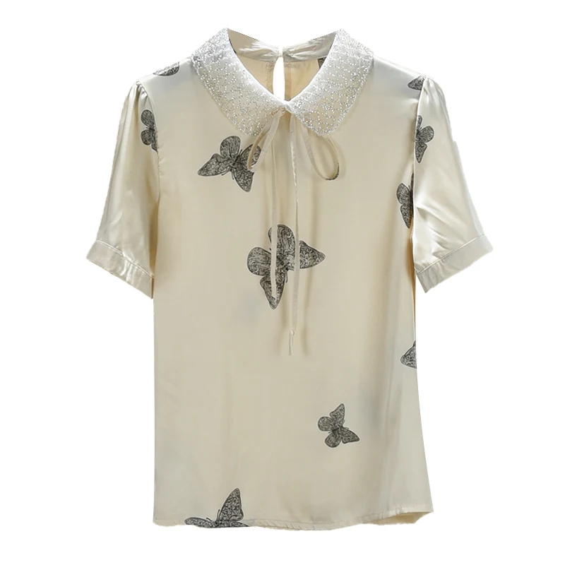 

Short Sleeve Shirt Women Summer Korean Loose Beading Bow Puff Sleeve Butterfly Print Chiffon Blouse Elegant Fashion Tops