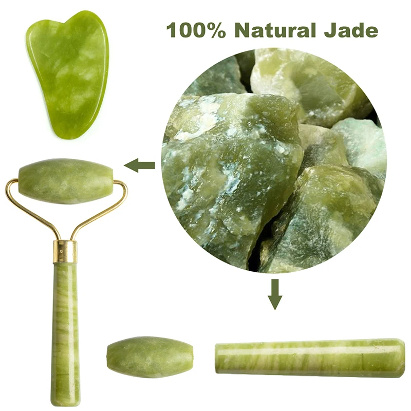 

Natural Jade Facial Massage Roller Gouache Scraper For Face Lift Body Skin Relaxation Slimming Beauty Neck Thin Lift Roller Set
