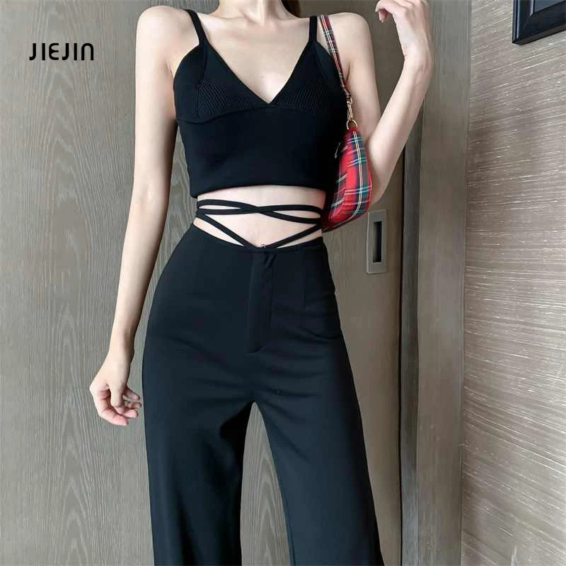 

2021Spring Fashion High Waist Straight Pant Women Sexy Casual Street Bandage Trousers Ladies Party Clubwear Slim Black Pant